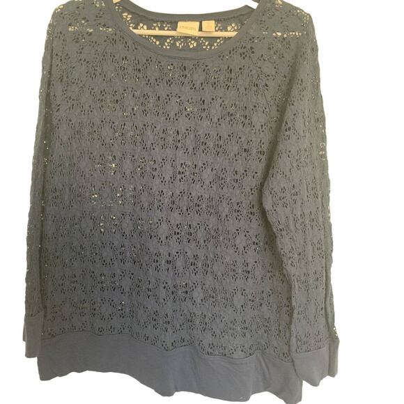 Chico’s Crocheted Top 2 US 12 L Navy Lace Whimsy Goth Long Sleeves Blouson - Picture 1 of 5